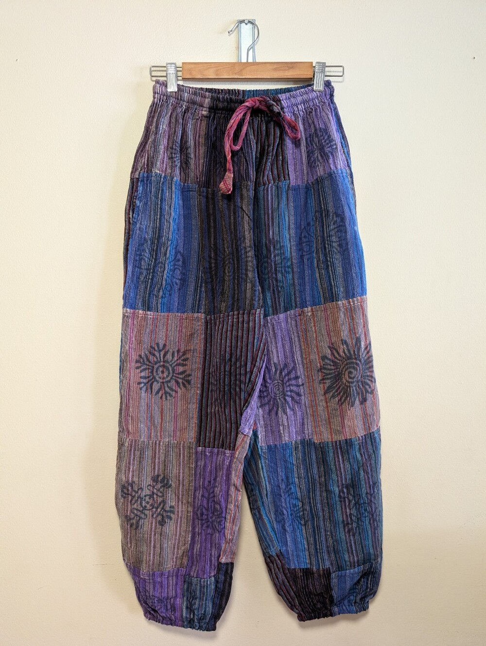 Patchwork Cotton Blend Harem Pants XS Purple Blue Boho Hippie Festival